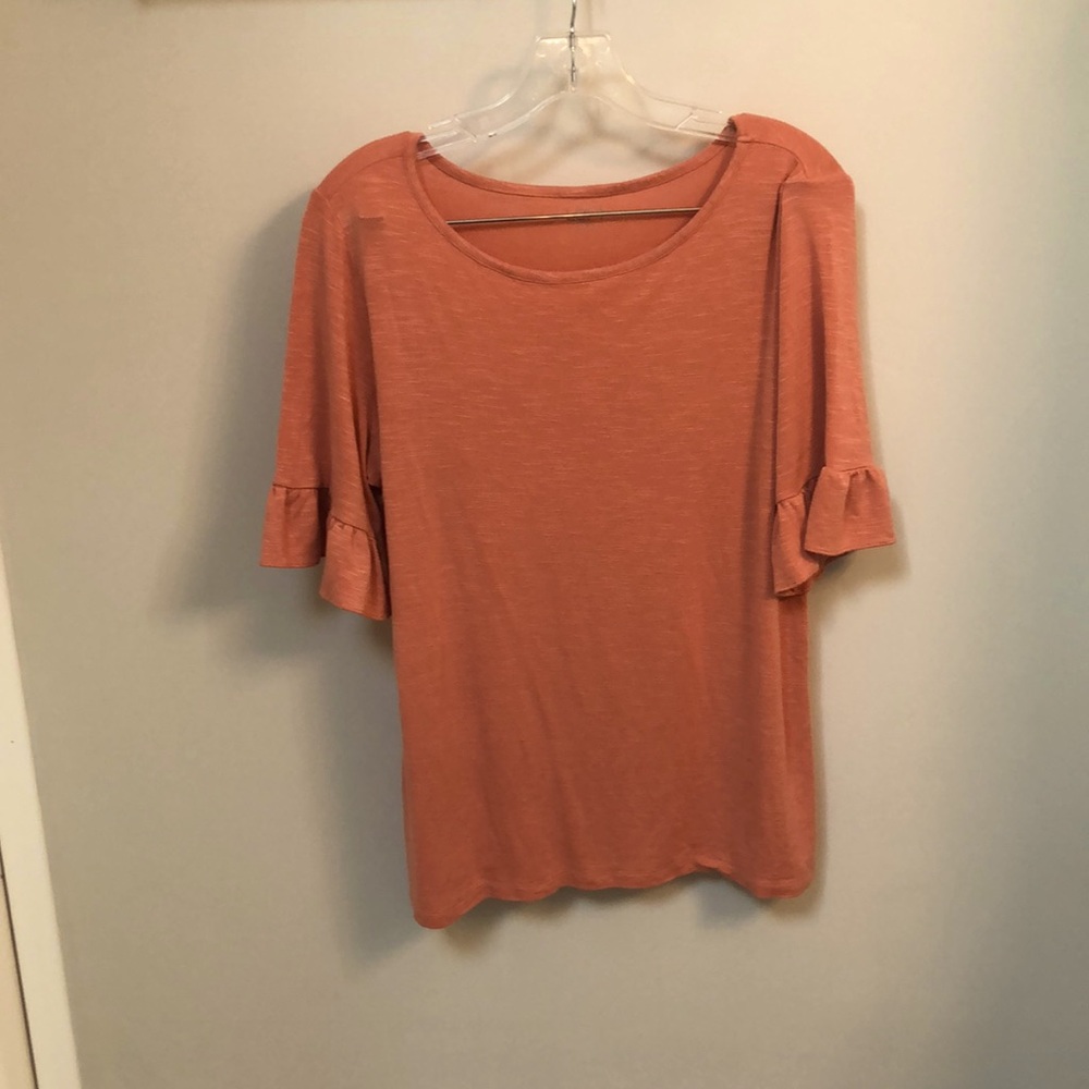 FINAL DROP! LOFT Large Women's Ruffle Sleeve Top in Coral. Stretchy. Casual.